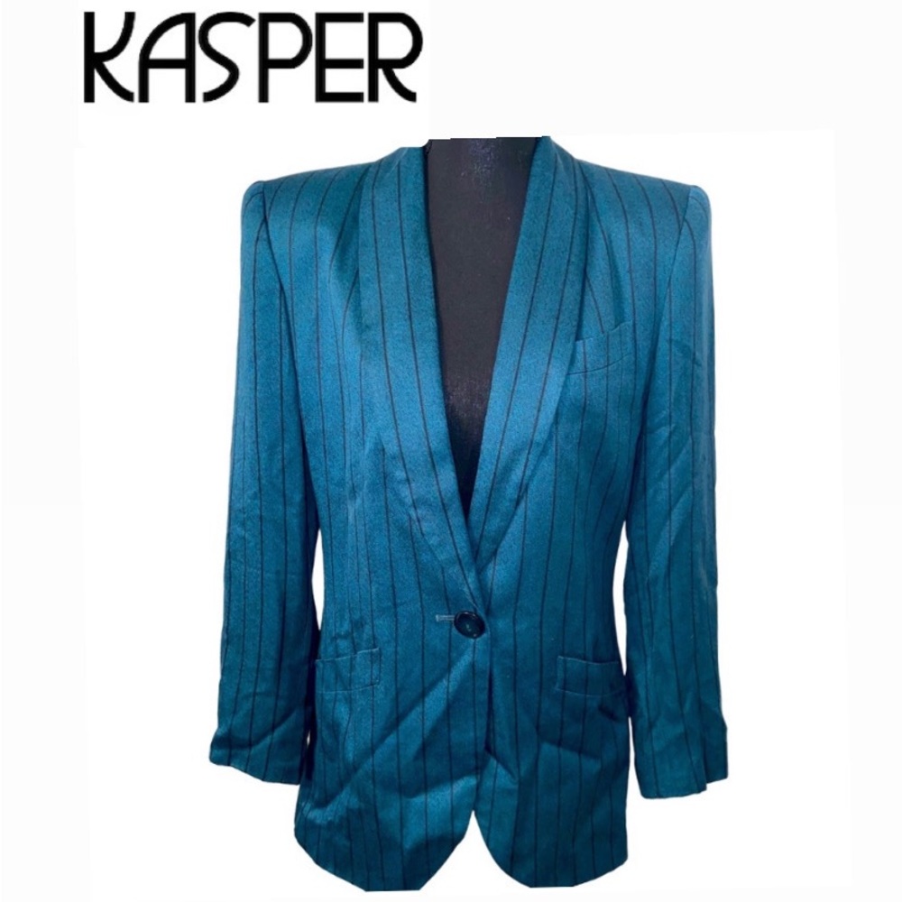 Vintage “Kasper” green and black pin-striped skirt suit